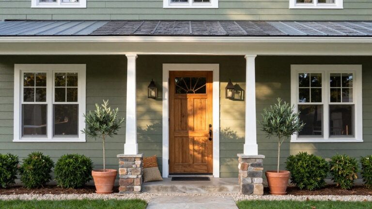 A small green house with sage-colored siding, a wooden front door, white porch columns on stone bases, olive trees in terracotta pots, lanterns, and a stone step entry flanked by shrubs and gravel.