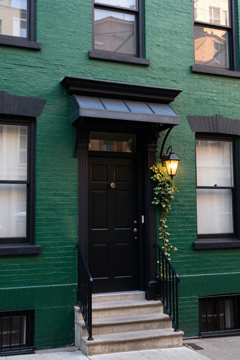 Green painted brick townhouse facade with black door, window frames, metal awning, railing, lantern light, and ivy beside concrete entry steps.