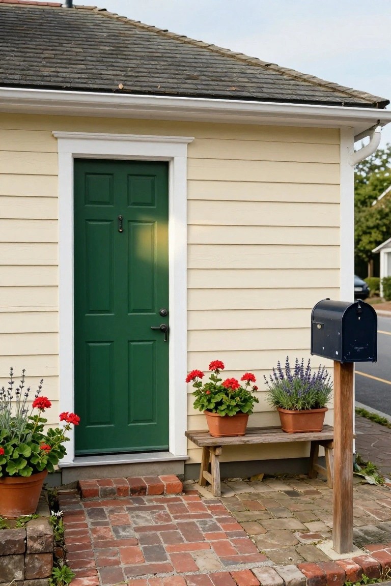 Pale yellow clapboard house exterior with dark green paneled door in white frame, potted red geraniums and lavender plants, wooden bench on brick steps, and black mailbox on wooden post.
