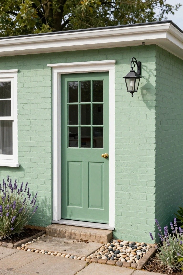 Small mint green brick outbuilding with white-trimmed window, sage green paneled door with brass knob, black lantern light, lavender plants, pebble border, and stone step on paved path.