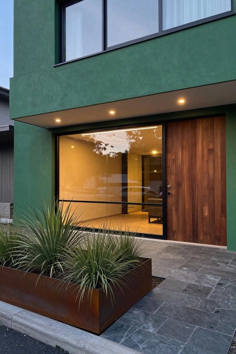 Green stucco house exterior at dusk with a tall wooden front door beside a full-height glass panel, yucca plants in a corten steel planter box, and gray slate stone pathway leading to the entry.