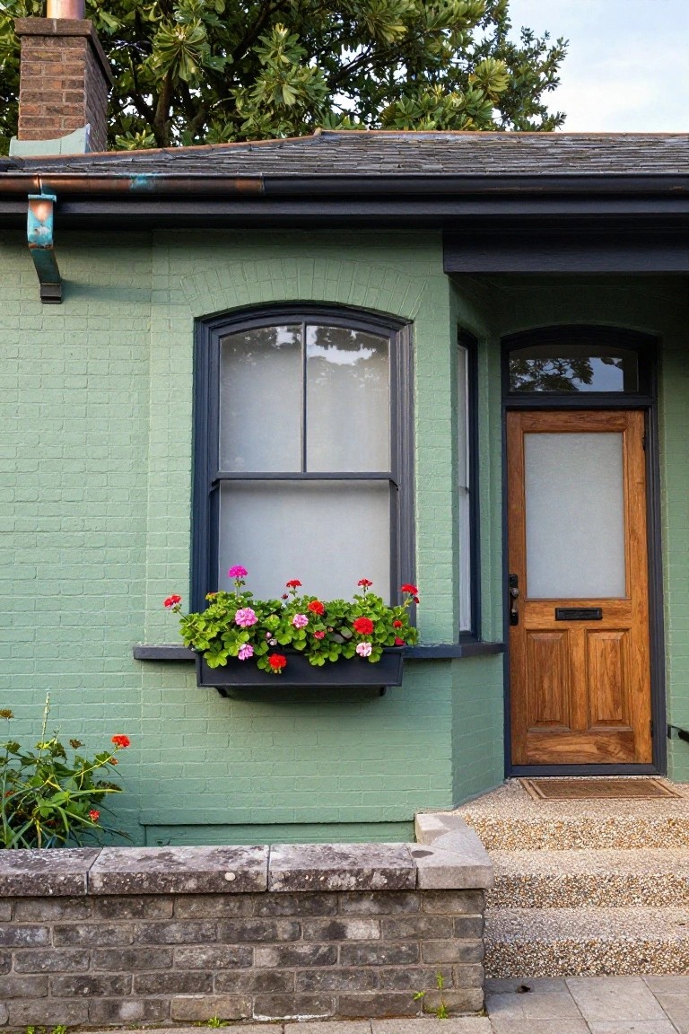 Mint green brick house exterior with black-framed sash window containing a flower box of red geraniums, frosted glass wooden front door with brass letterbox, concrete steps, and low brick wall.