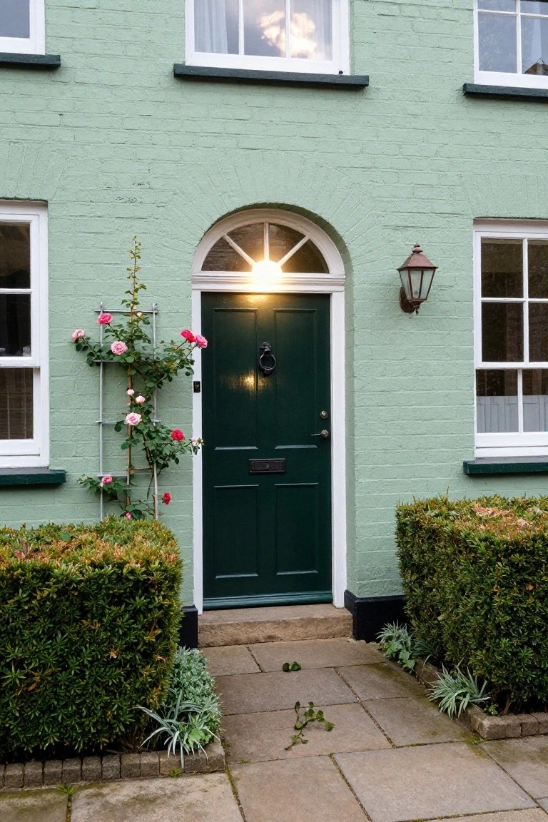Mint green brick house exterior with dark green front door, white-trimmed arched entry and windows, pink climbing roses on metal trellis, boxwood hedges, copper lantern light, and stone path.