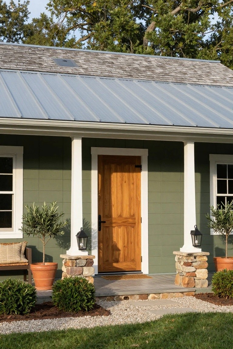 A small green house with sage-colored siding, a wooden front door, white porch columns on stone bases, olive trees in terracotta pots, lanterns, and a stone step entry flanked by shrubs and gravel.