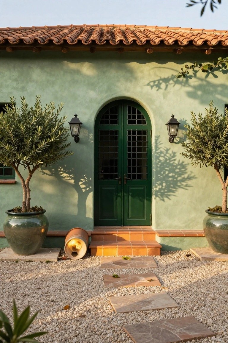 Pale green stucco house facade with arched dark green double door featuring iron grilles, flanked by potted olive trees and wall lanterns, terracotta roof and steps, copper barrel planter, and gravel ground with stone pavers.