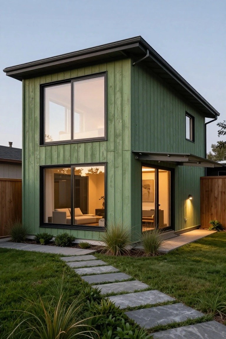 A small two-story house with sage green vertical wood siding, black-framed windows and doors, metal entry canopy, dark roof, stone pathway, and low plants in a grassy yard at dusk.