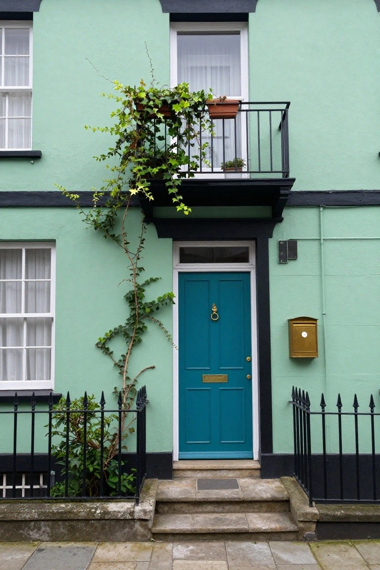 Light green two-story house facade with black trim, turquoise front door, brass knocker and letterbox, climbing ivy, small balcony with potted ivy, and black iron railing by steps.