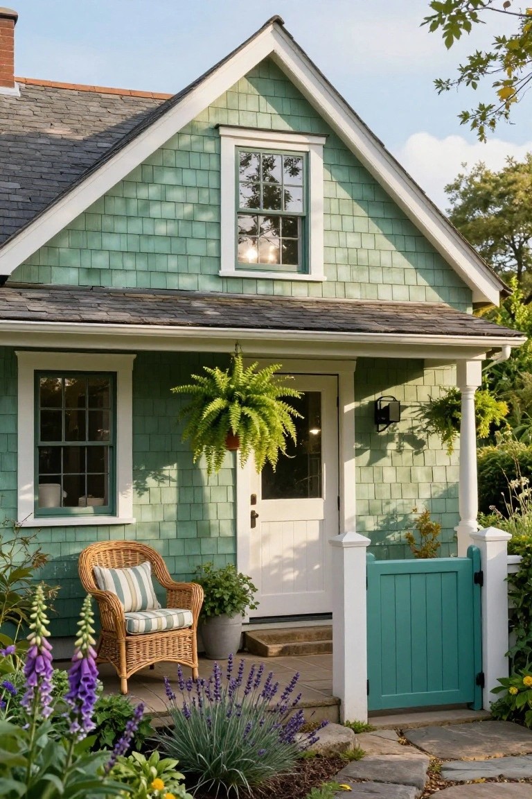 Mint green shingled cottage exterior with white-trimmed windows and door, front porch, hanging fern, wicker chair, potted plants, lavender and foxglove in garden beds, and turquoise wood gate.