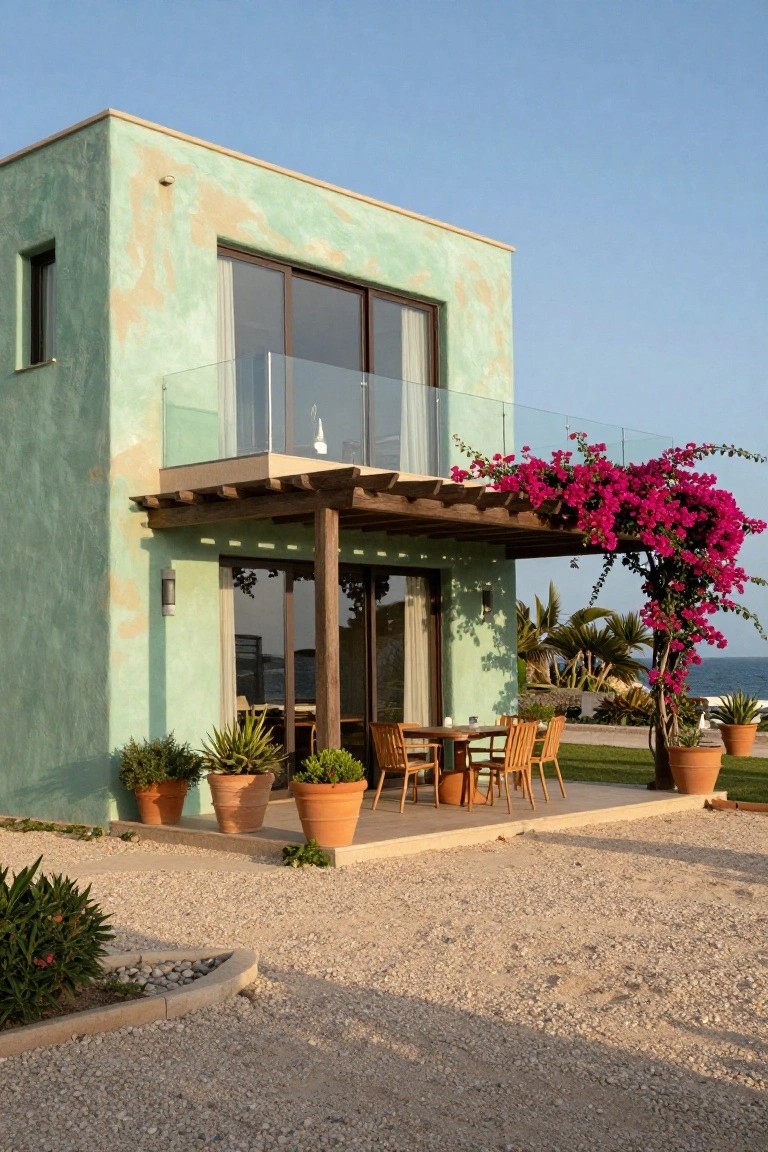 Two-story house with pale green textured stucco walls, glass balcony railing, wooden pergola-covered patio with round dining table, wooden chairs, potted plants, bougainvillea vines, palm trees, and ocean view.