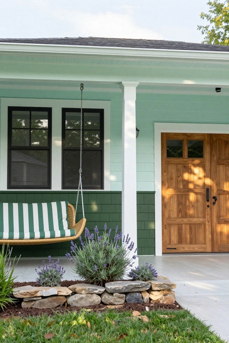 Front porch of a mint green house with white trim, dark green shingle lower siding, hanging striped porch swing, black-framed windows, wooden double doors, and lavender plants in a stone-edged bed.