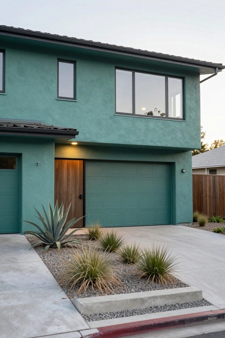 Modern single-story house with teal green stucco exterior, wooden front door, matching green garage door, black-framed windows, and front yard landscaping with agave plants, grasses, gravel, and concrete edging.