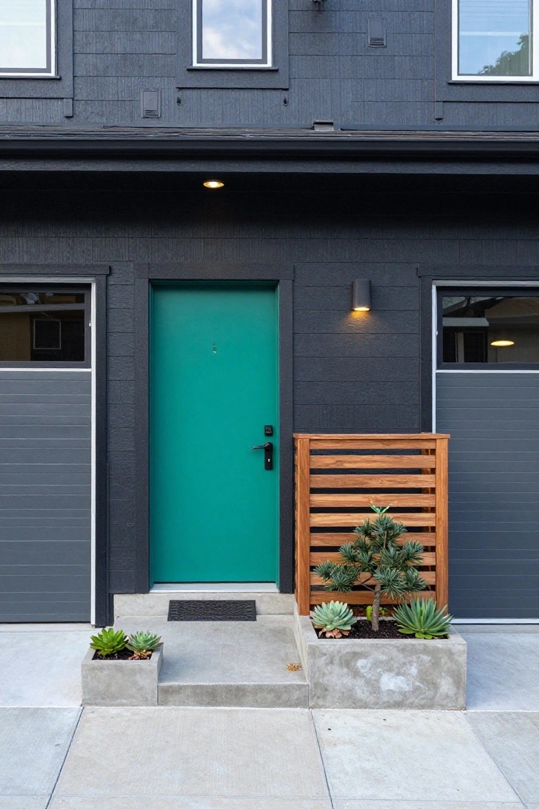 Modern house facade with dark shingle siding, teal green front door flanked by garage doors, wooden slat screen with bonsai tree, and concrete planters holding succulents on a concrete entry step.