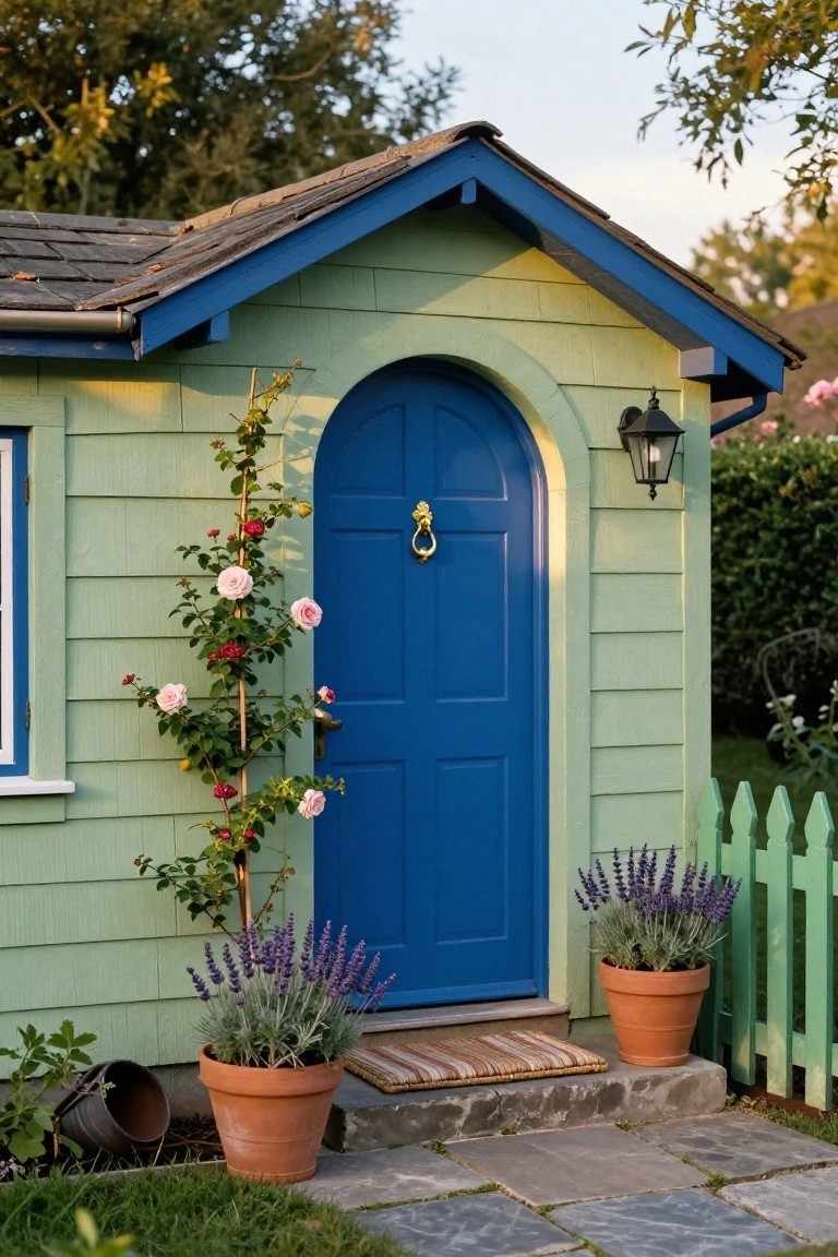 Small pale green clapboard shed with blue arched wooden door, gold knocker, climbing pink roses on side, potted lavender plants, lantern light, stone steps, and green picket fence in garden setting.