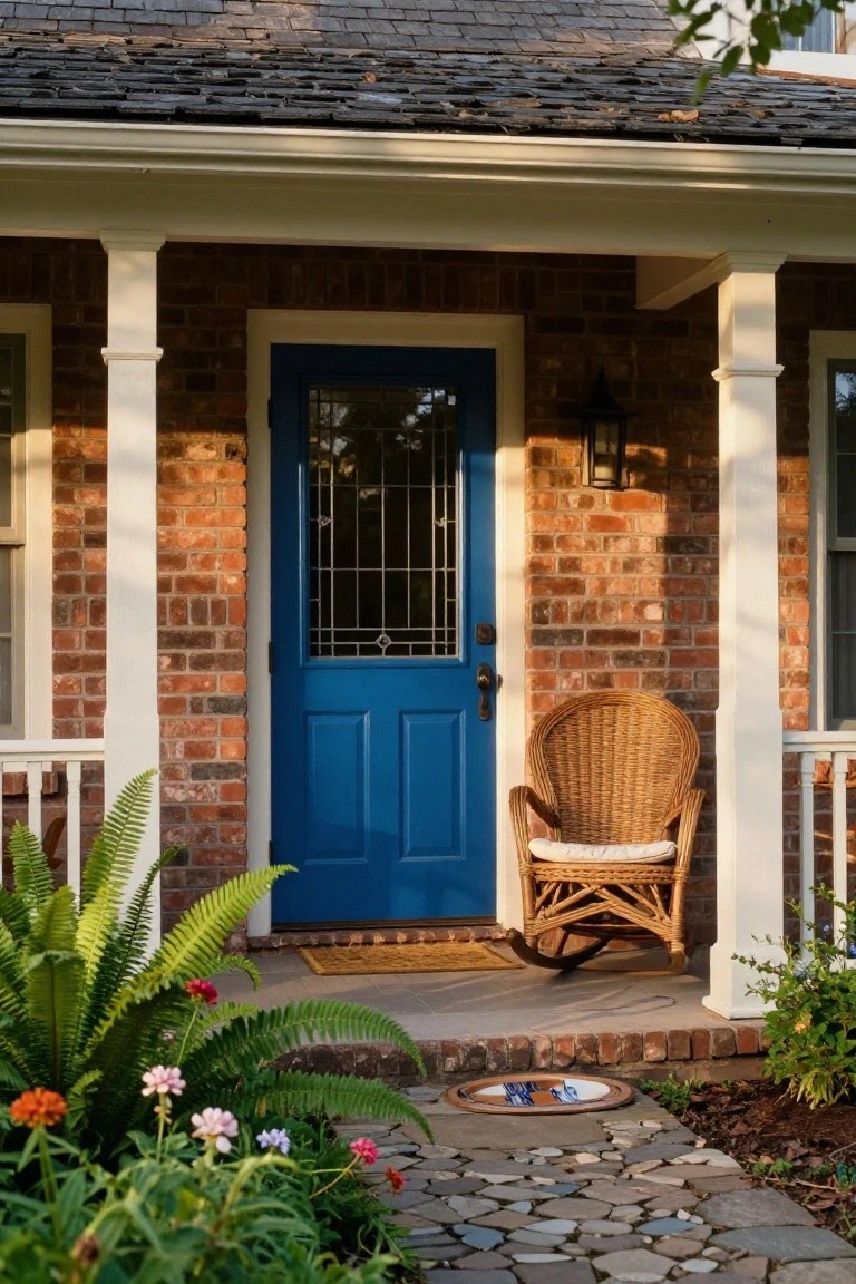 Blue Door on Brick Porch House
