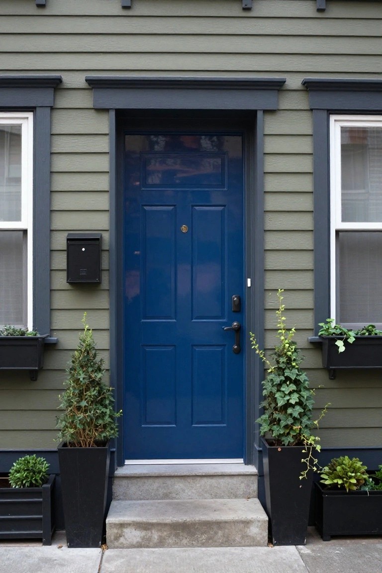 Gray-green clapboard house exterior featuring a glossy paneled blue front door centered between two windows, with black trim, a mailbox, window boxes, and potted plants flanking the concrete steps.