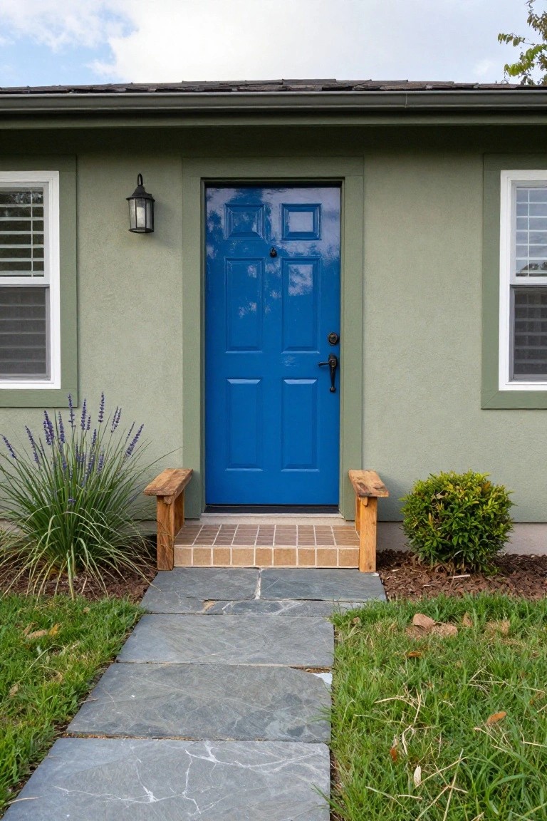 Sage green house exterior featuring a glossy blue front door with brass hardware, flanked by white-framed windows, a wall lantern, wooden bench, lavender plants, shrubs, brick entry steps, and a slate stone pathway.