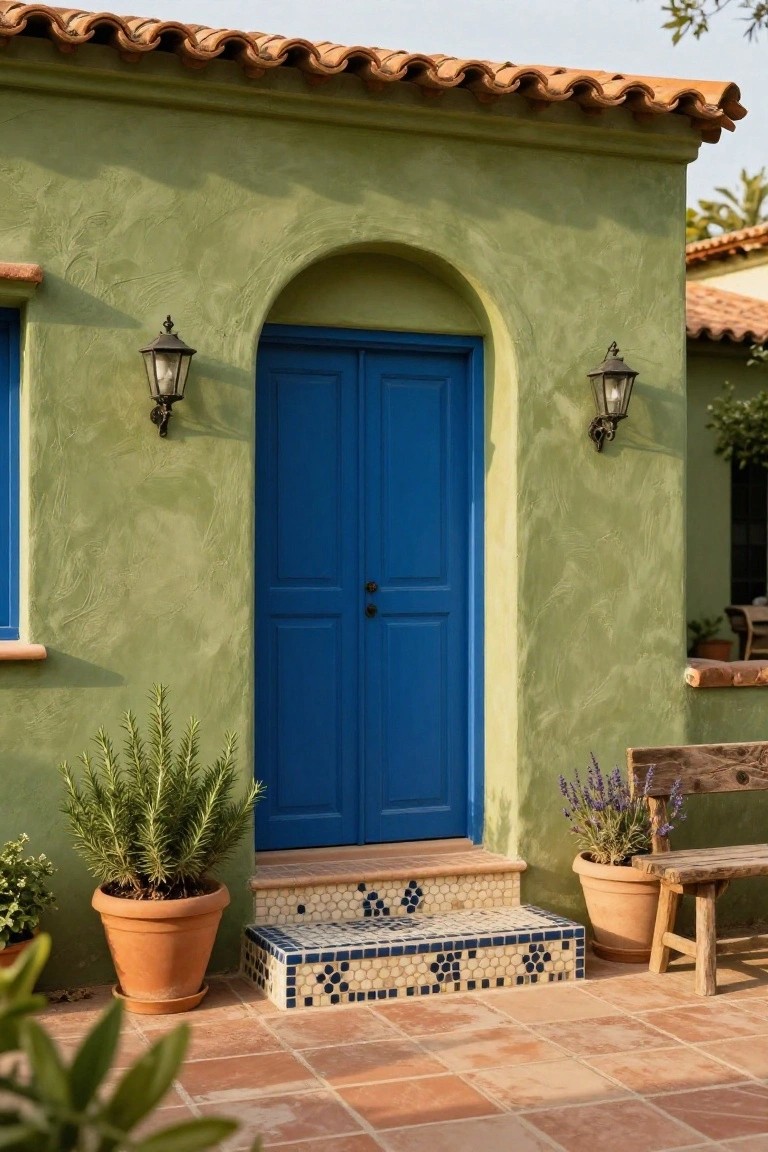 Green stucco house exterior featuring arched blue double doors, wall lanterns, potted rosemary and lavender plants, a wooden bench, and mosaic-tiled steps on terracotta pavers.