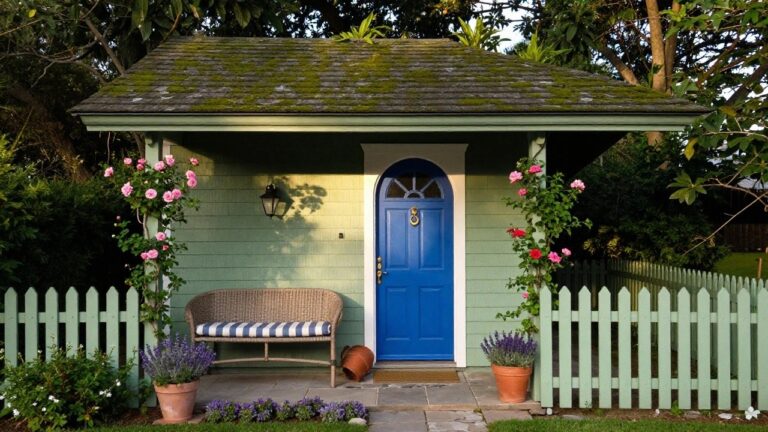 Small pale green clapboard shed with blue arched wooden door, gold knocker, climbing pink roses on side, potted lavender plants, lantern light, stone steps, and green picket fence in garden setting.