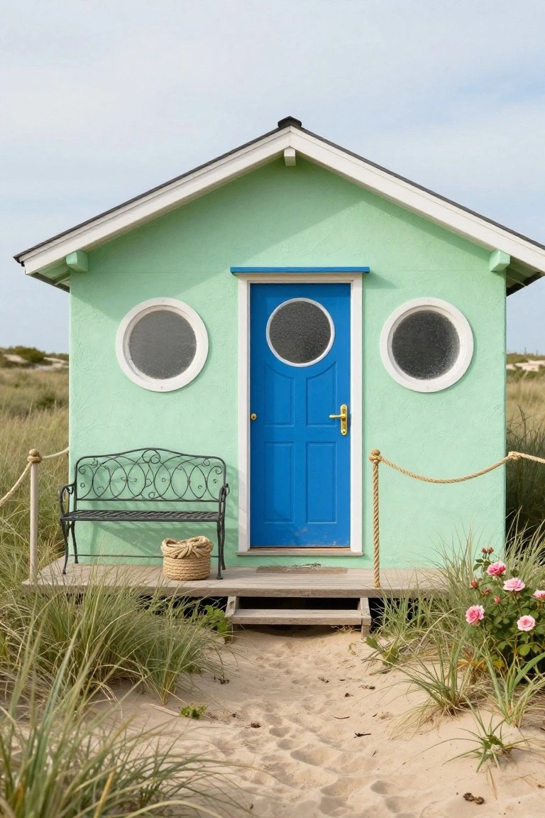Small mint-green beach house on sand dunes with blue front door, round porthole windows on sides, black metal bench with basket, rope fence, and beach grass.