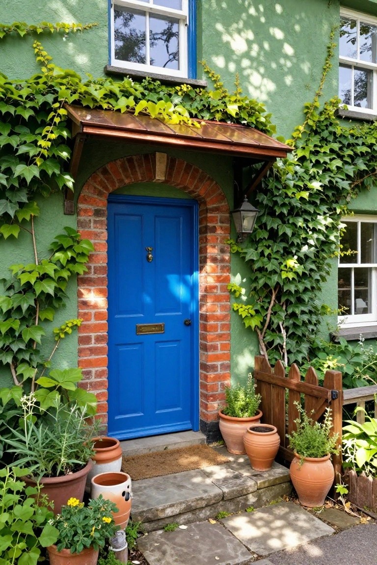Green ivy-covered cottage exterior with arched red brick doorway, glossy blue front door, copper awning, wall lantern, and terracotta pots with plants on stone steps.