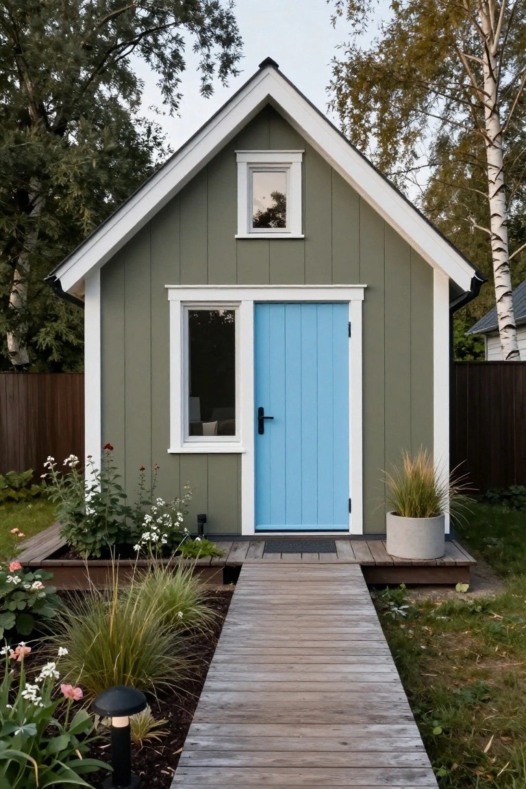 Small sage green clapboard shed with gable roof, white trim, blue paneled front door next to a window, wooden boardwalk path leading up, surrounded by flower beds, ornamental grasses, potted plant, and birch trees.