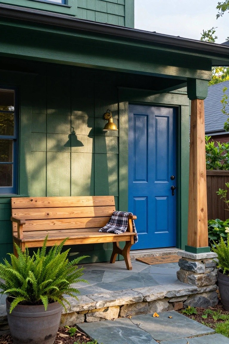 Green shingled house exterior with covered porch, blue front door, brass lantern light, wooden bench with plaid blanket, potted ferns, and flagstone steps.