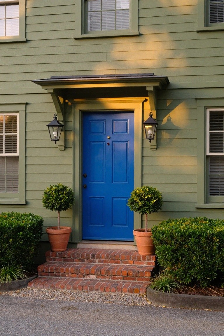 Close view of a sage green clapboard house exterior with a bright blue paneled front door under a small wooden portico, flanked by black lanterns, potted topiary shrubs in terracotta pots, brick steps, and low hedges.