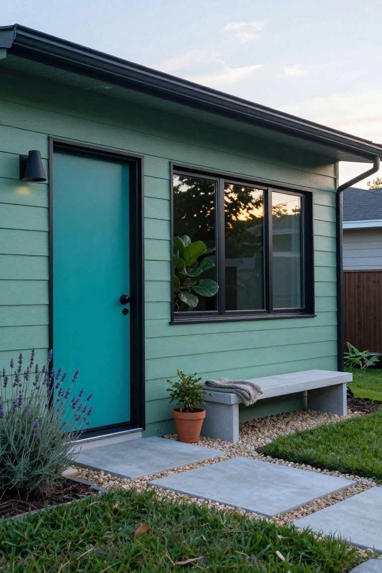 Side exterior of a seafoam green house with turquoise door, black-framed window containing a plant, wall light, concrete bench with throw, potted plant, lavender shrubs, gravel and paver path, and grass lawn.