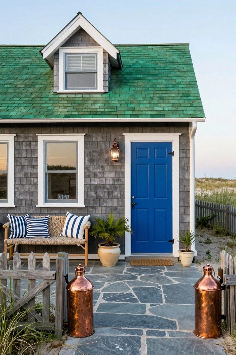 Small shingle house with green roof, gray siding, blue front door, copper lantern, wicker bench with striped cushions, potted plants, copper urns on stone patio, wooden fence, and beach dunes in background.
