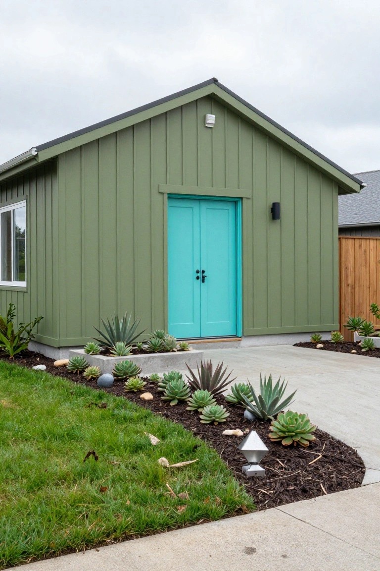 Sage green board-and-batten gable-roof shed with turquoise double doors, succulent plantings in concrete beds along the front, gravel mulch, and concrete driveway next to grass and a wood fence.