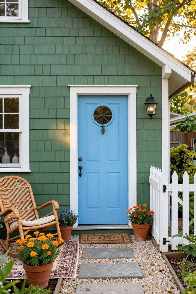 Green shingled house exterior with bright blue front door featuring a round window and knob, black lantern light, wicker rocking chair, potted orange marigolds and blue flowers, welcome mat, gravel path, and white picket fence gate.