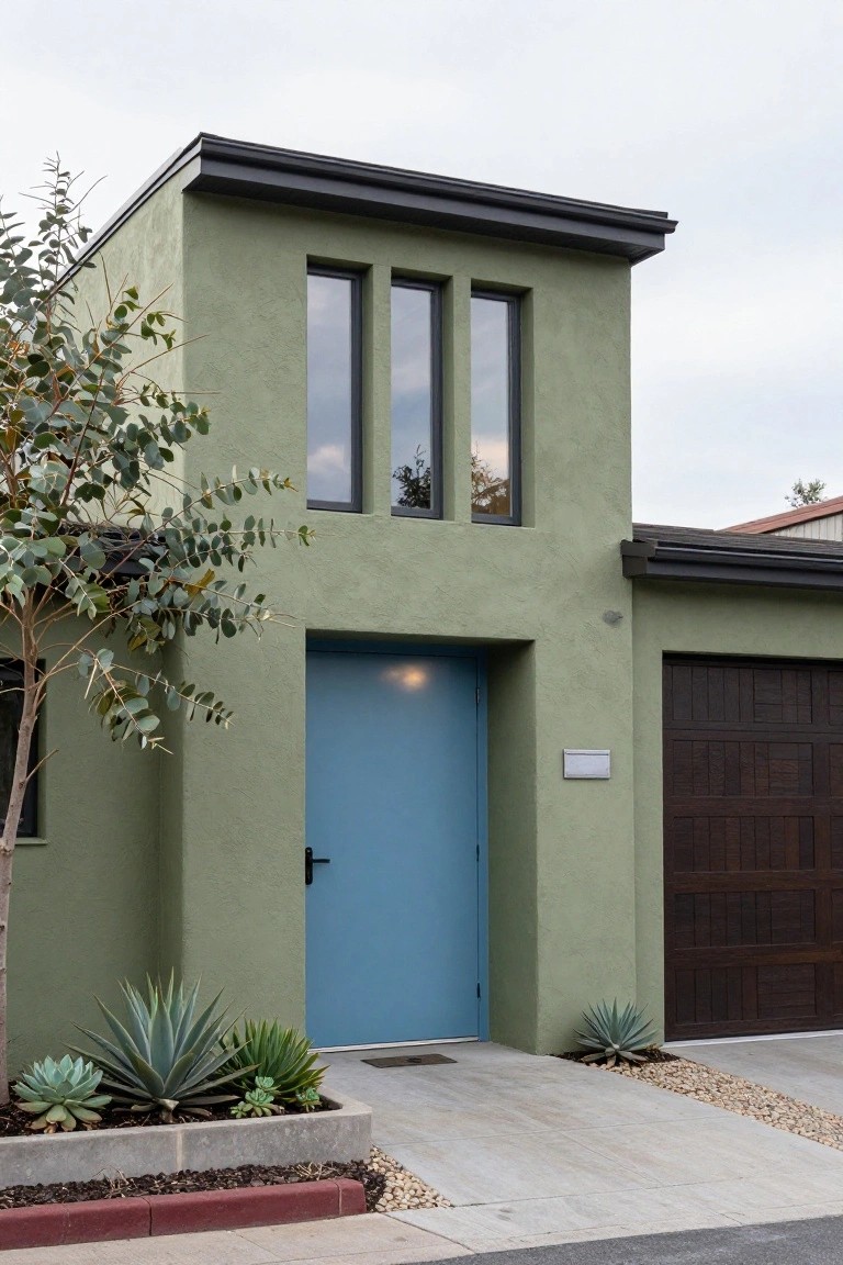A modern two-story house with sage green stucco walls, turquoise blue front door, dark wood garage door, agave plants in a concrete planter, and a eucalyptus tree beside the entry.
