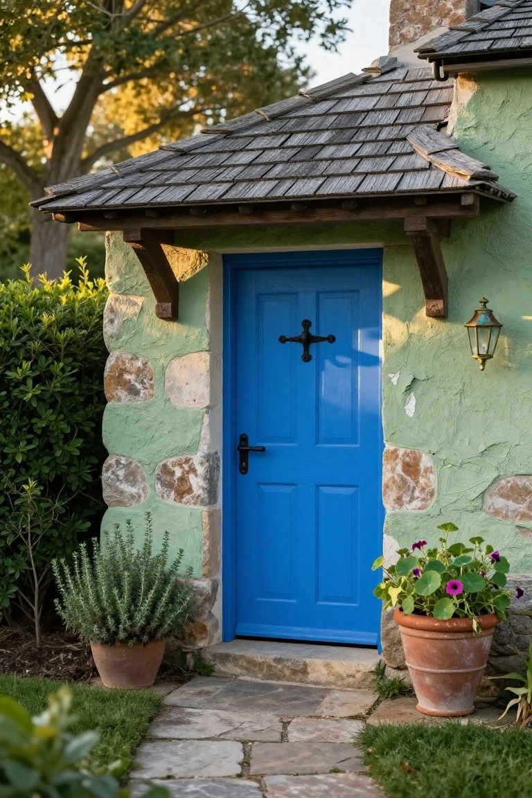 Pale green stucco house with stone base and wood-shingled porch overhang features a bright blue wooden front door with black iron cross handle and knob, next to potted plants and a stone path.