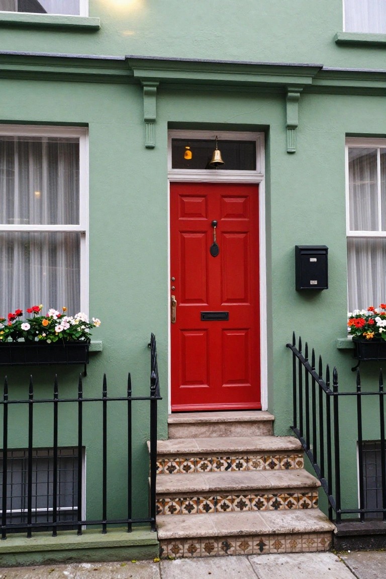 Green two-story terraced house exterior with red front door, white-trimmed windows, black mailbox and railing, flower boxes, and tiled entry steps.