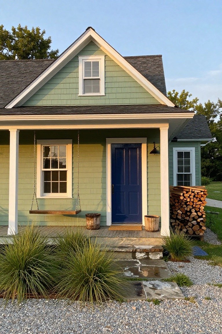 Front exterior of a light green shingle house with dark blue double door, white porch columns, hanging wooden swing, two wooden planters, stack of firewood, ornamental grasses, and gravel path.