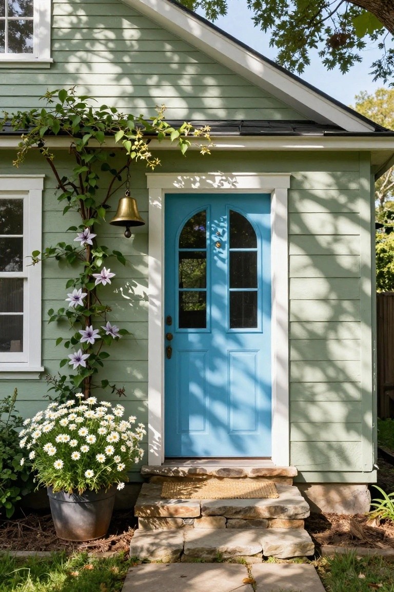 Sage green clapboard house exterior featuring an arched bright blue front door with brass bell and knob, purple clematis vines climbing the side, potted white daisies beside stone steps, and a woven mat doormat.