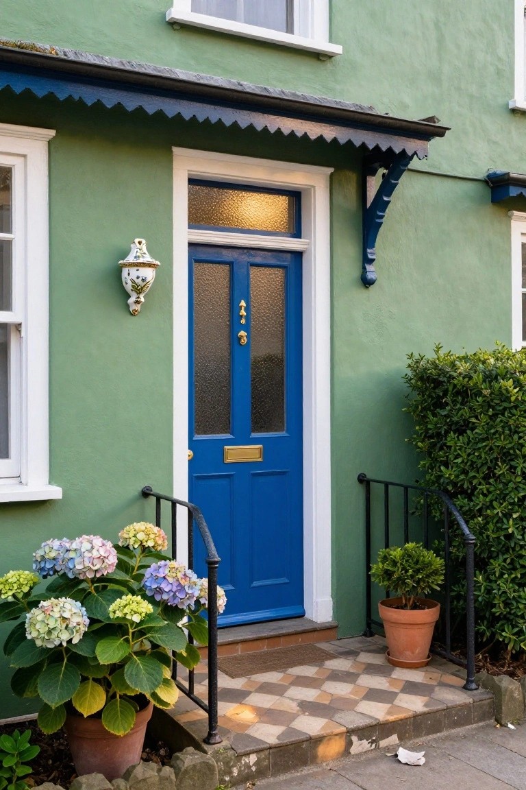 Sage green painted house exterior featuring a glossy blue front door with brass knocker, white-framed windows, potted hydrangeas on the steps, boxwood shrub, and black iron railing.