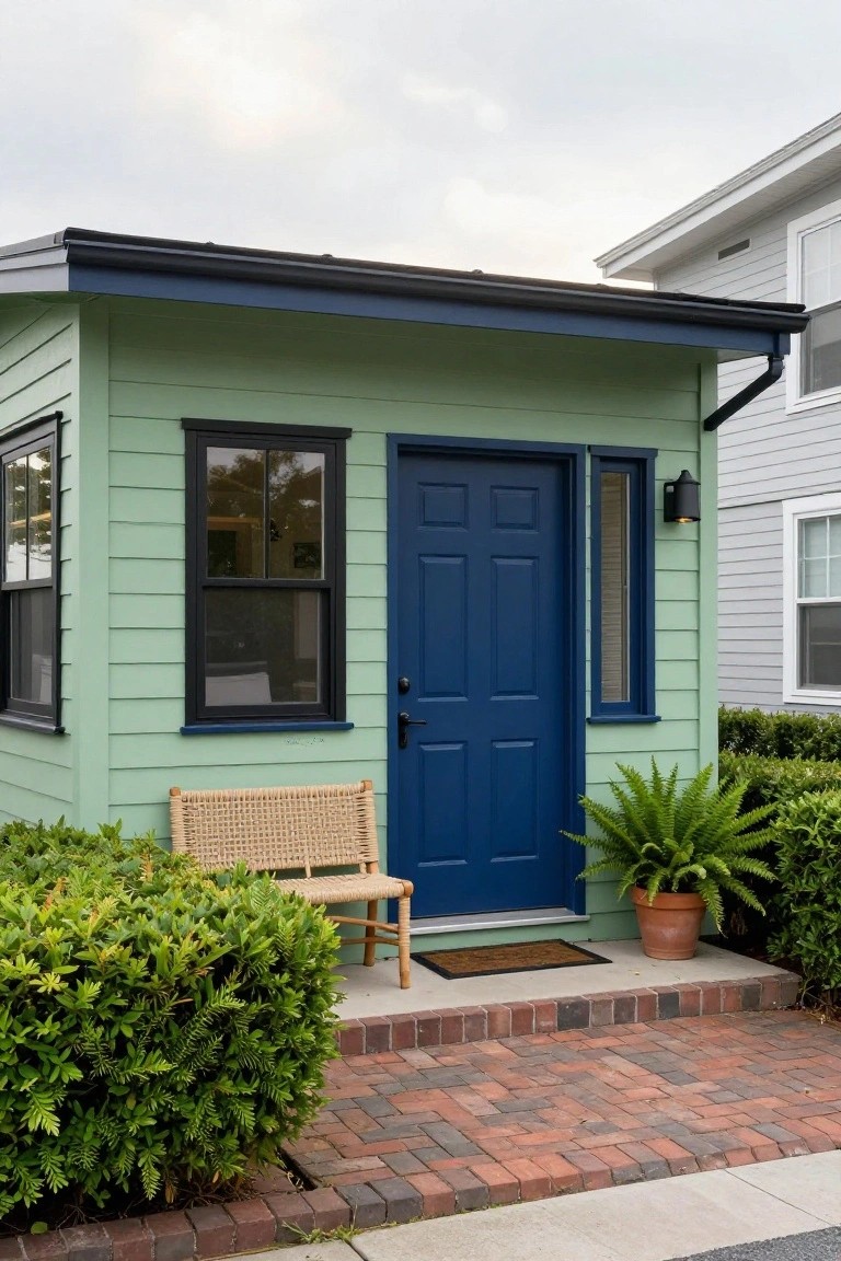 Small mint-green clapboard shed with navy blue door, black-framed windows, rattan chair on brick path, potted fern, and boxwood shrubs next to light gray house.