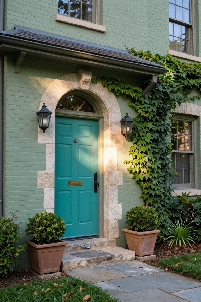 Sage green brick house facade featuring a turquoise blue front door in a stone archway, with black lanterns on either side, ivy climbing the wall, and terracotta pots of boxwood shrubs flanking the steps.