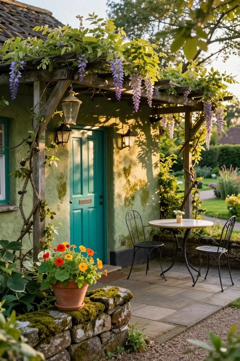 Green stucco cottage with turquoise blue front door under wooden pergola covered in purple wisteria vines and flowers, outdoor bistro table with chairs on stone patio nearby.