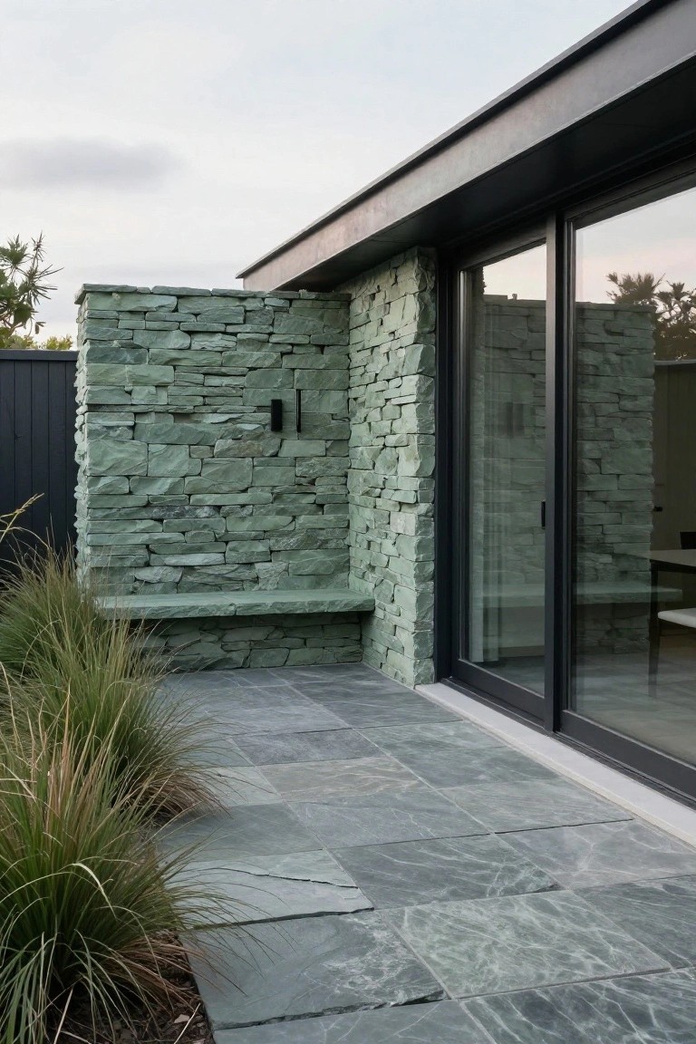 Exterior corner of a modern house with green slate stone wall, integrated bench seat, black metal-framed sliding glass doors, matching slate tile patio, and clumps of ornamental grasses.