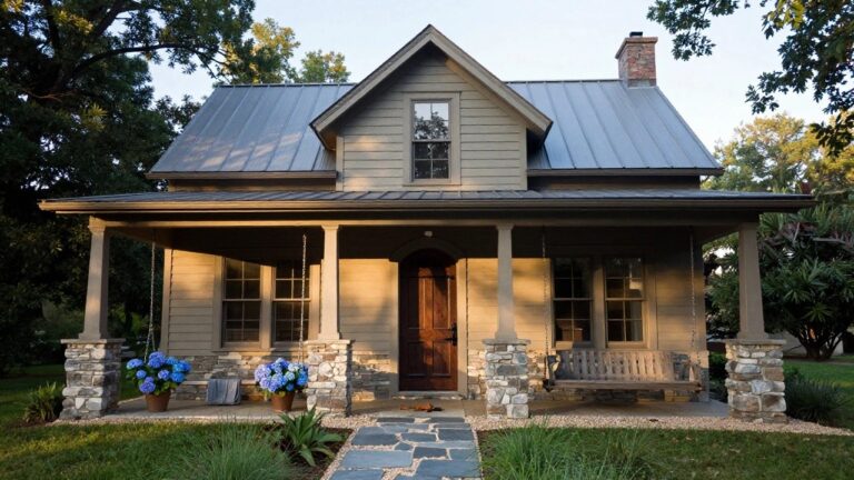 A small single-story green house with dark shingled gable roof, covered front porch supported by stone pillars, wooden entry door, blue hydrangeas in pots on porch, stone path leading from street to steps, lawn and trees in background.