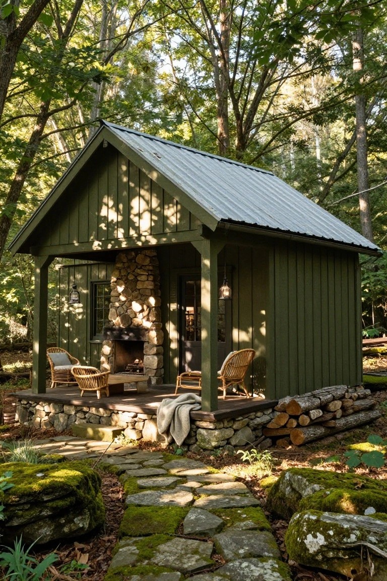 Small dark green wooden cabin with gabled metal roof and stone chimney on a porch, surrounded by trees with wicker chairs, firewood stack, and mossy stone path.