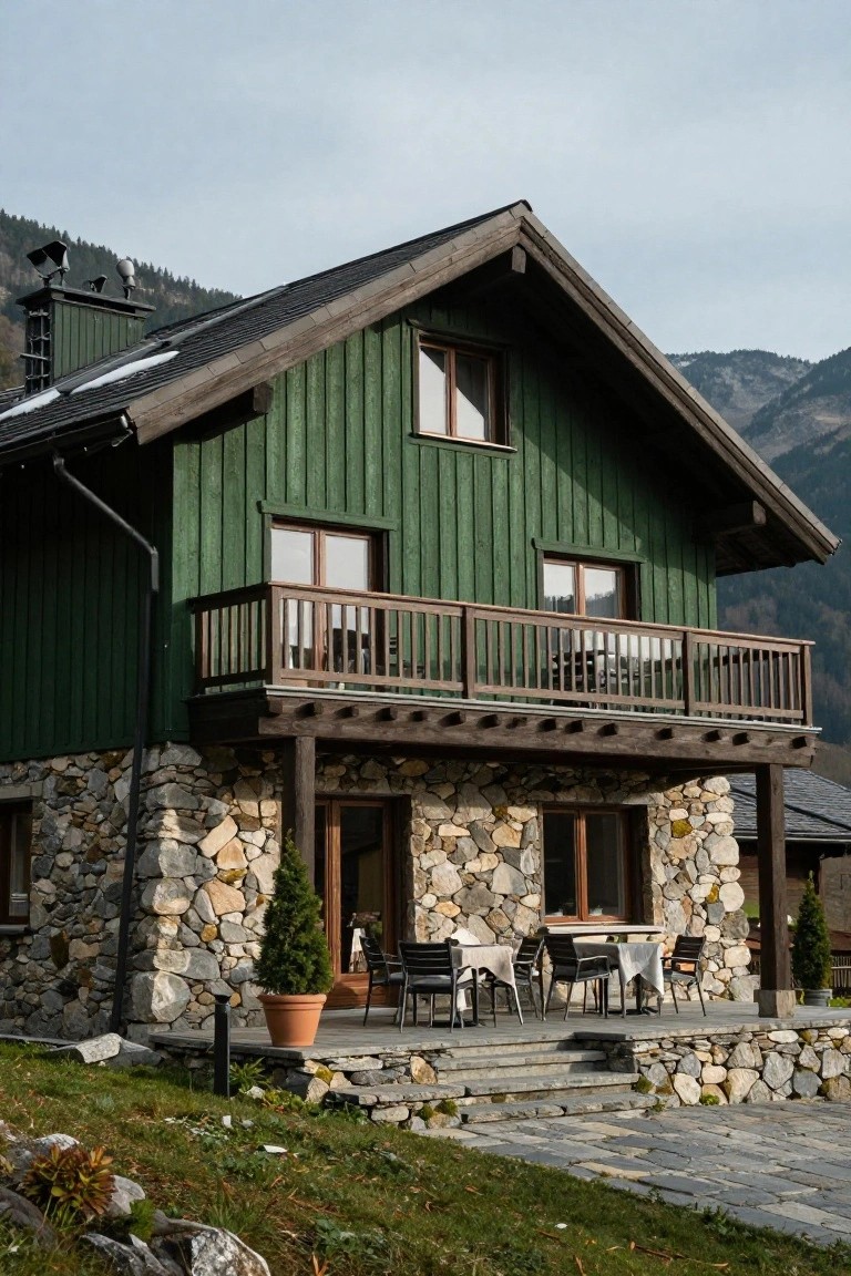 Green vertical wood siding chalet house with stone foundation walls, wooden balcony, terrace with dining table and chairs, and stone steps, backed by mountains and trees.