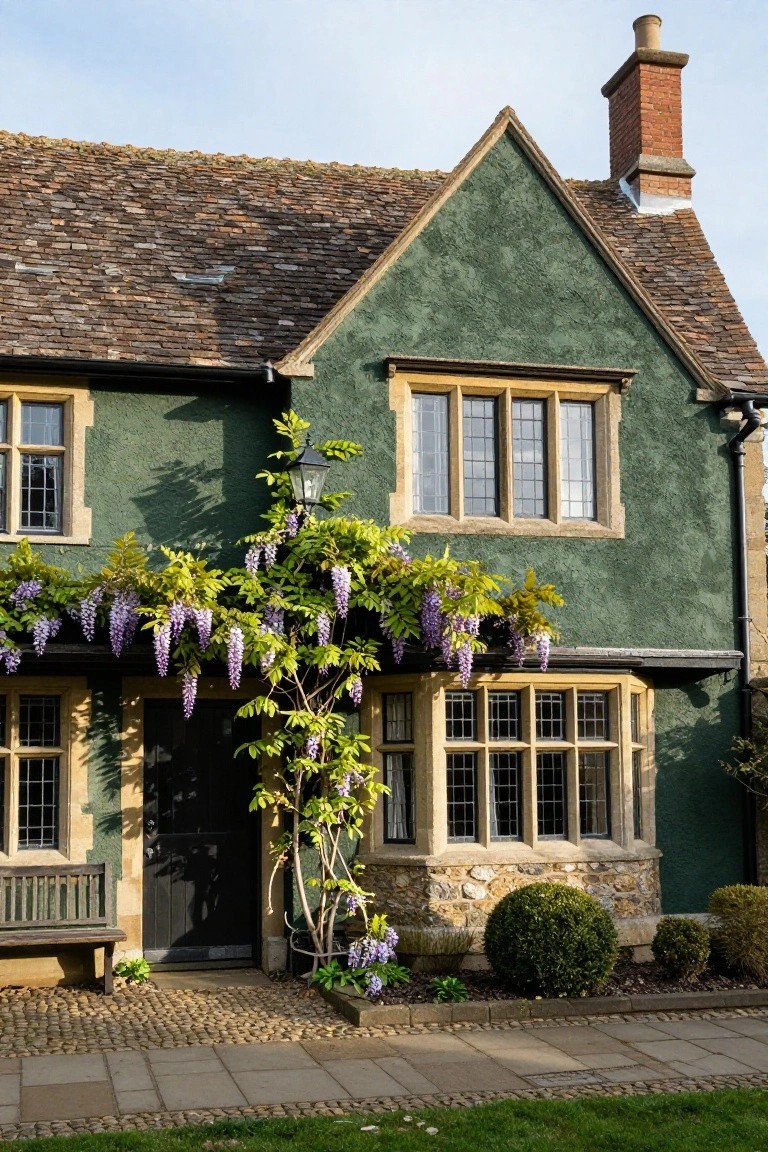 Green textured plaster house exterior with stone base and window surrounds, purple wisteria vines climbing the front entranceway, leaded glass windows, wooden bench beside black door, and stone path in front.