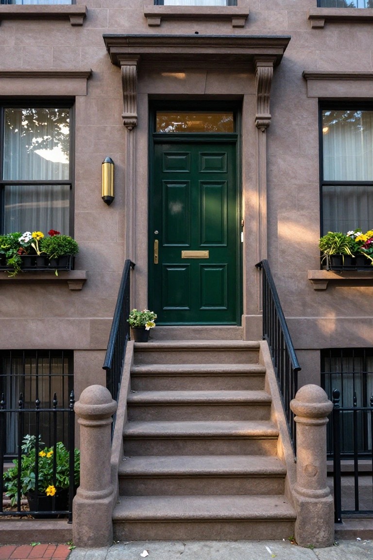 Brownstone townhouse facade with a glossy green paneled front door, stone steps with black metal railing and newel posts, window boxes filled with flowers, and potted plants at the base.