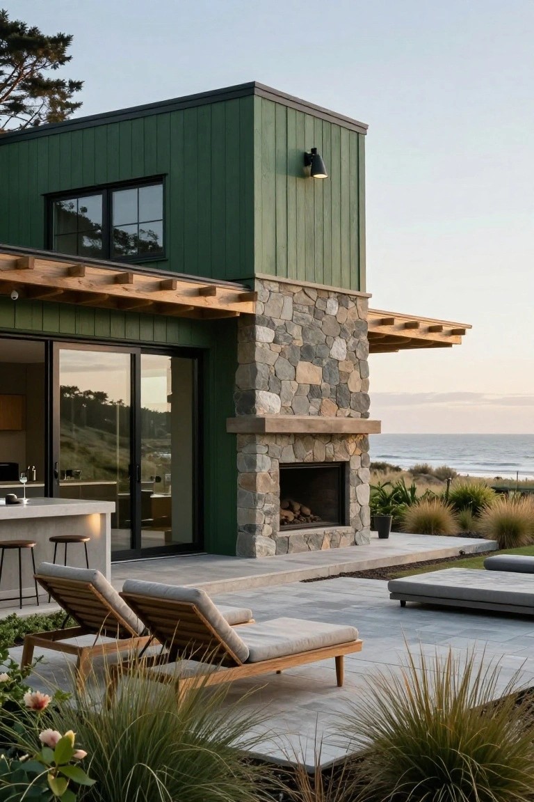 Green vertical board-and-batten siding on a house corner with a tall stacked stone chimney and fireplace extending to an outdoor concrete patio with bar stools, loungers, and low grasses overlooking ocean dunes at dusk.