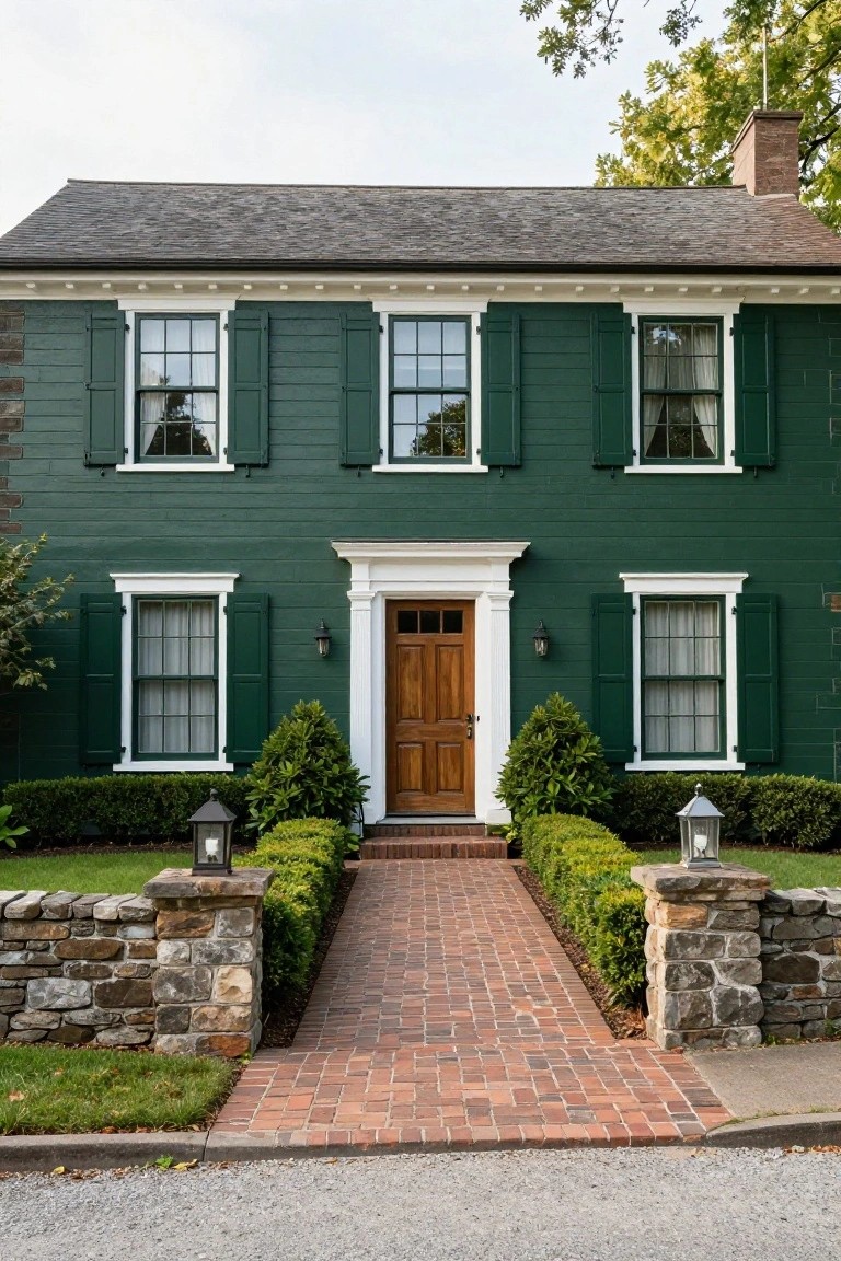 Two-story green clapboard house with black shutters and white trim, brick walkway flanked by stone pillars and low stone walls with boxwood hedges leading to a wooden front door.