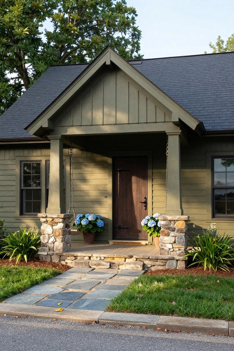 A small single-story green house with dark shingled gable roof, covered front porch supported by stone pillars, wooden entry door, blue hydrangeas in pots on porch, stone path leading from street to steps, lawn and trees in background.