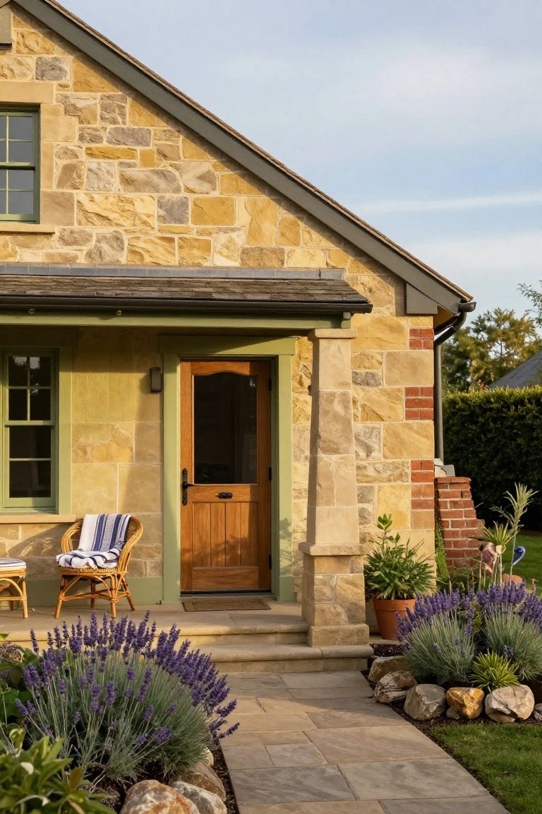 Exterior corner of a stone house with a green porch, wooden screen door, stone pillar, potted plants, lavender bushes, rocks, and a flagstone path leading to the entry.